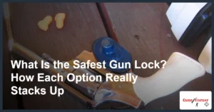 Revolver fitted with a blue trigger lock on a wooden table, illustrating what is the safest gun lock for home storage