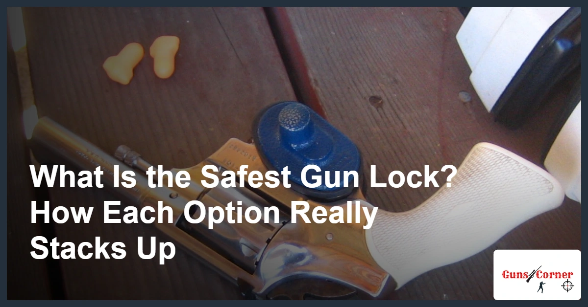 Revolver fitted with a blue trigger lock on a wooden table, illustrating what is the safest gun lock for home storage