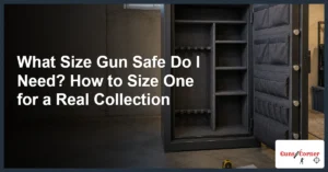 An empty open gun safe in a basement with a tape measure on the floor, illustrating what size gun safe do I need