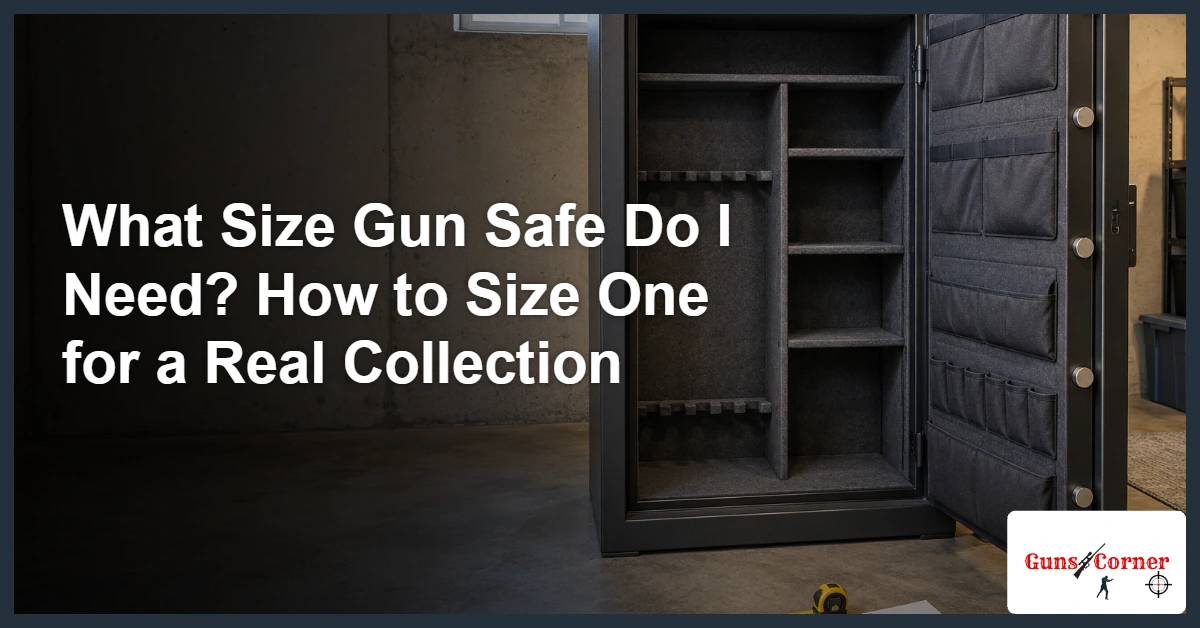 An empty open gun safe in a basement with a tape measure on the floor, illustrating what size gun safe do I need