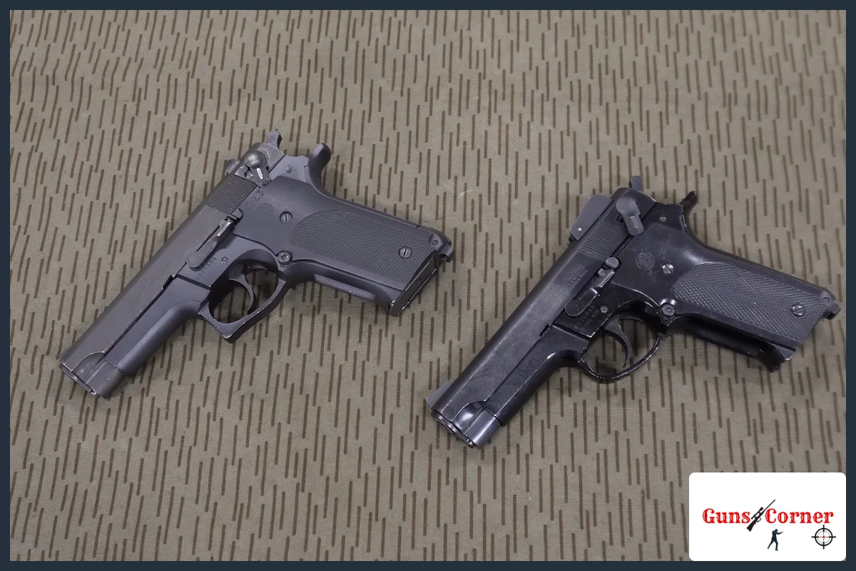 When should you use a gun lock: two Smith & Wesson 459 pistols laid out with no locks fitted
