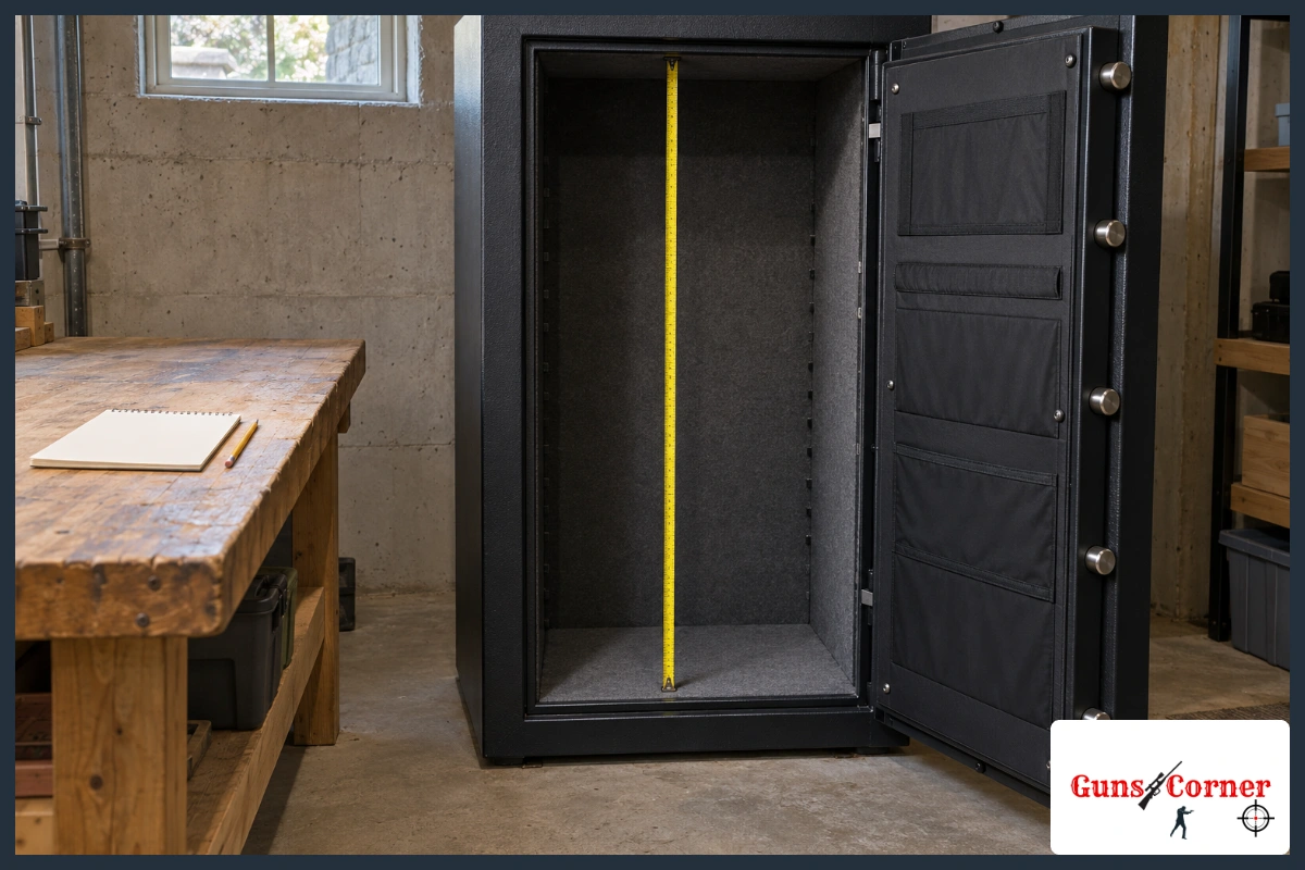What size gun safe do I need: a tape measure stretched floor to ceiling inside an empty steel gun safe in a basement