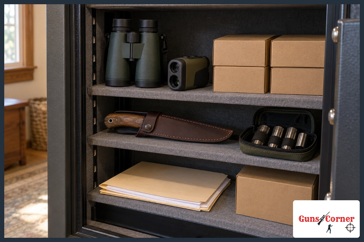 Binoculars, a rangefinder, ammo boxes, a sheathed hunting knife and documents on the shelves of an open gun safe