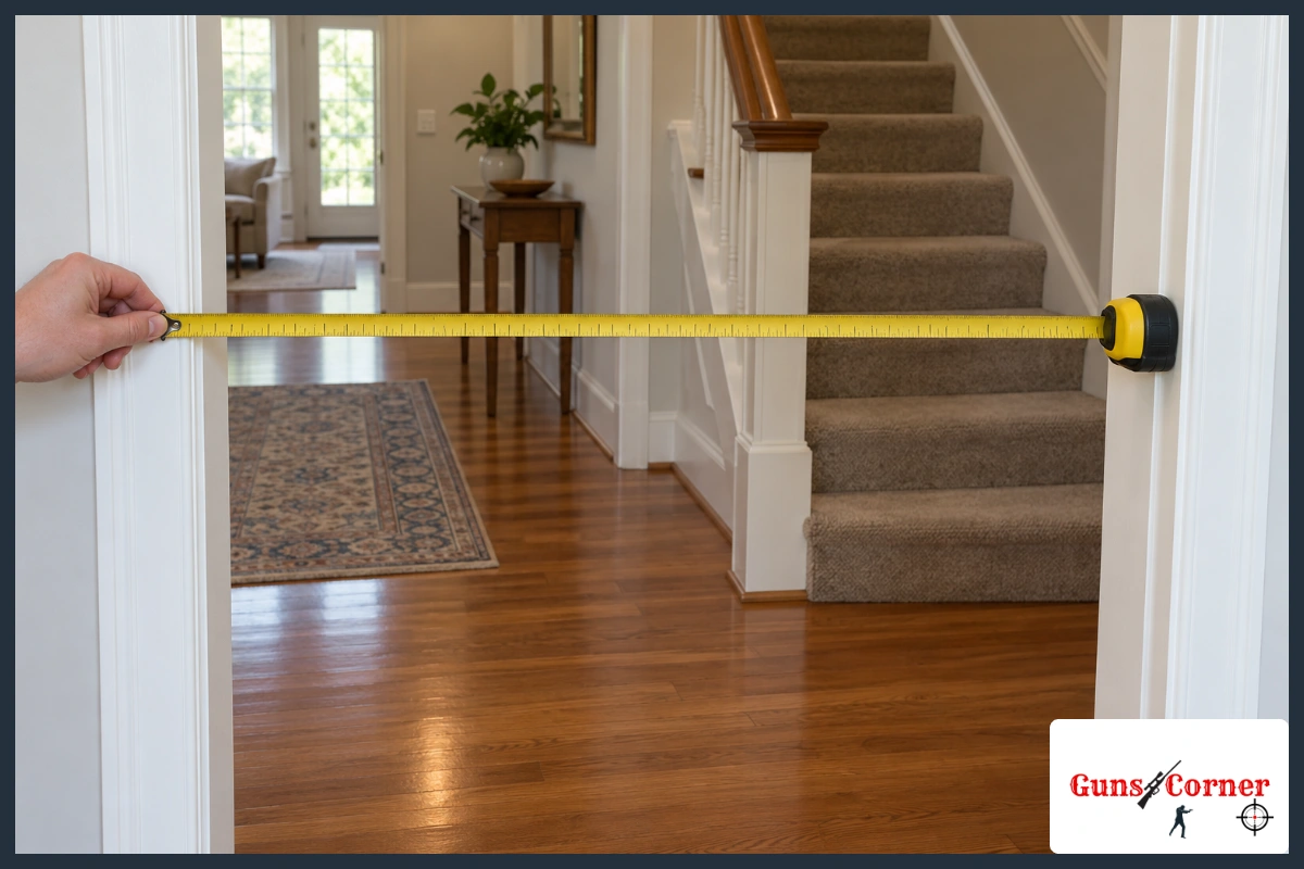 A hand stretching a tape measure across an interior doorway next to a carpeted staircase and hardwood hallway